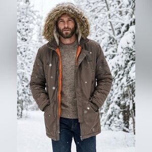 ✨Men's Brown Military Field Cargo Utility Jacket Coat with Fur Hood